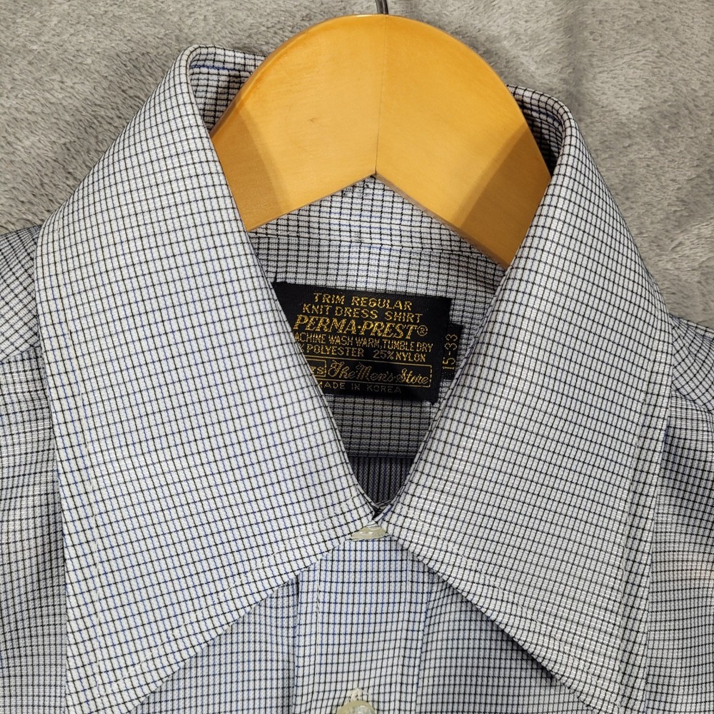 Vintage 70s Sears Knit Dress Shirt Mens 15-33 Perma-Prest Blue Black Graph Check